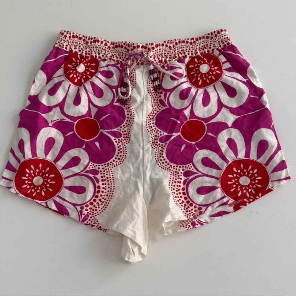 FARM Rio Maia High Waist Floral Linen Blend Shorts in Pink and Red